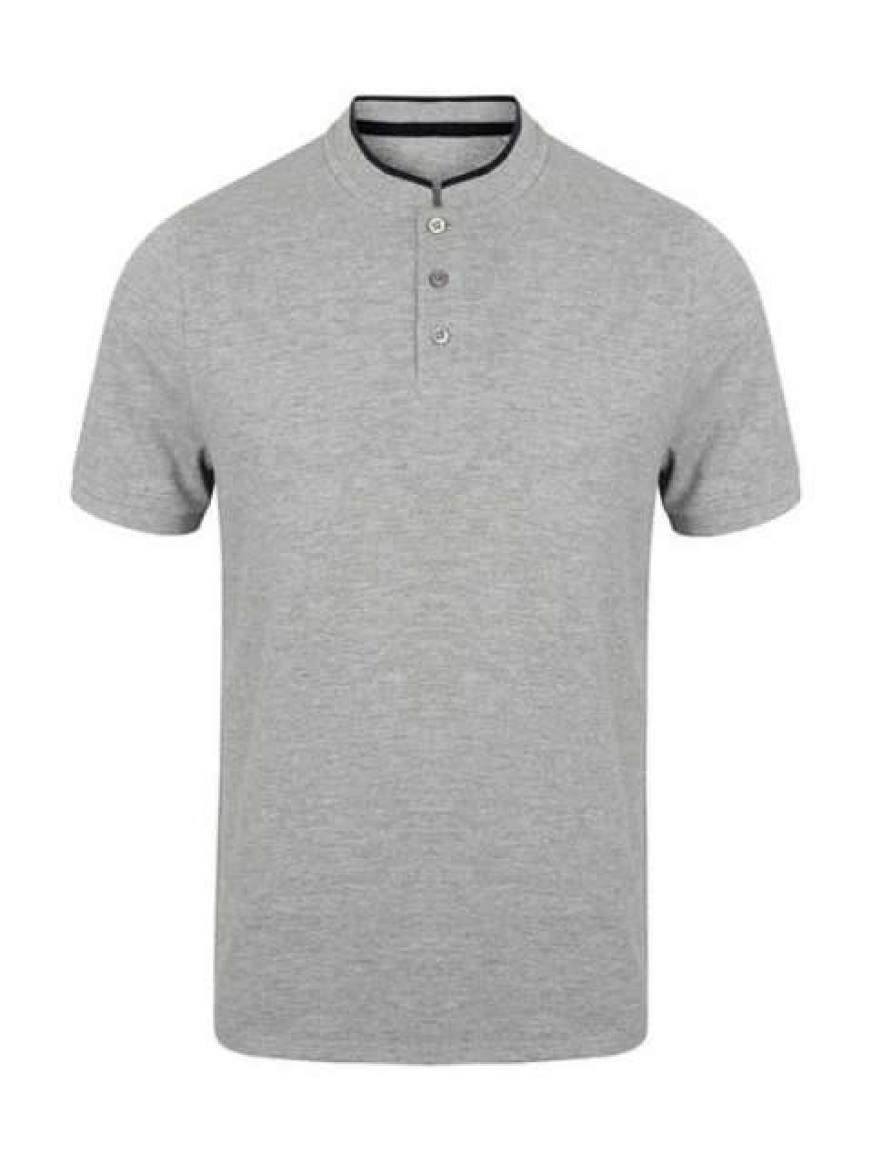 STAND COLLAR STRETCH POLO SHIRT - Heather Grey/Bright Navy - Model