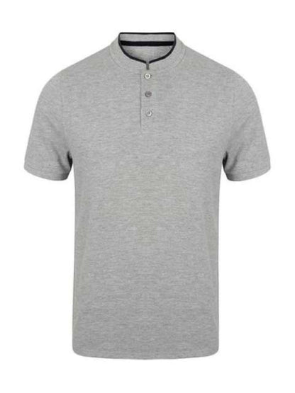 STAND COLLAR STRETCH POLO SHIRT - Heather Grey/Bright Navy - Model