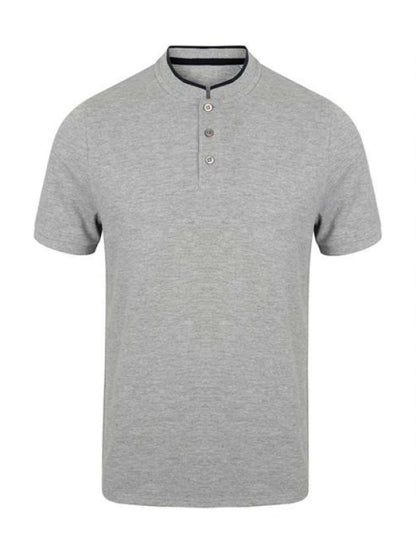 STAND COLLAR STRETCH POLO SHIRT - Heather Grey/Bright Navy - Main