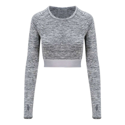 WOMEN'S LONG SLEEVE CROP T - Black Slate Melange - modelimageurl