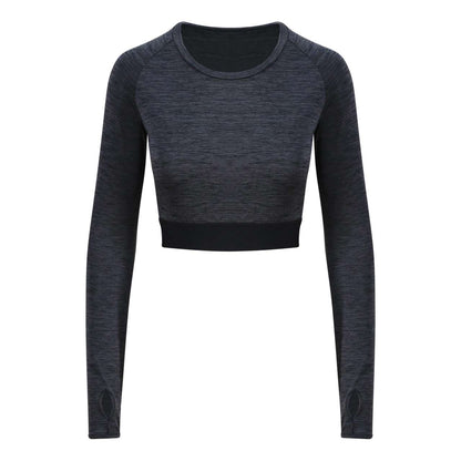 WOMEN'S LONG SLEEVE CROP T - Black Slate Melange - colorimageurl