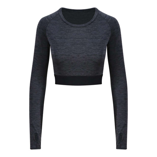 WOMEN'S LONG SLEEVE CROP T - Black Slate Melange - colorimageurl