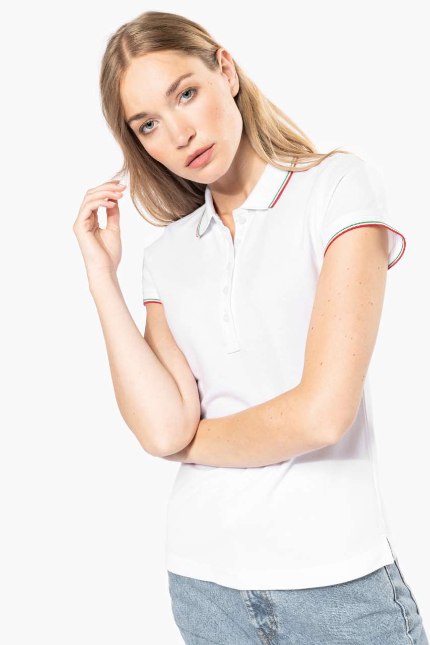 LADIES' SHORT-SLEEVED POLO SHIRT - White/Navy/Red - Model
