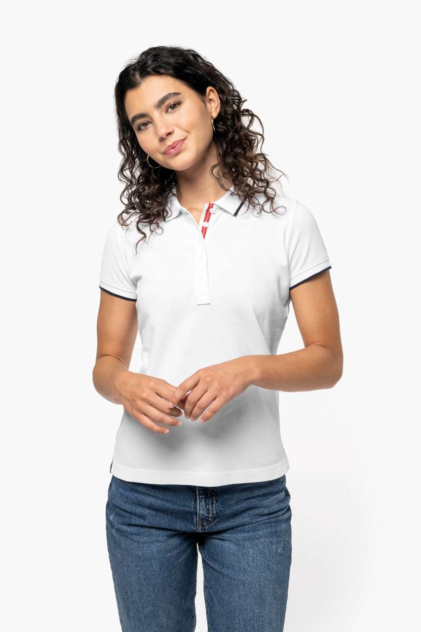LADIES' SHORT-SLEEVED PIQUÉ KNIT POLO SHIRT - Red/White/Navy - Model