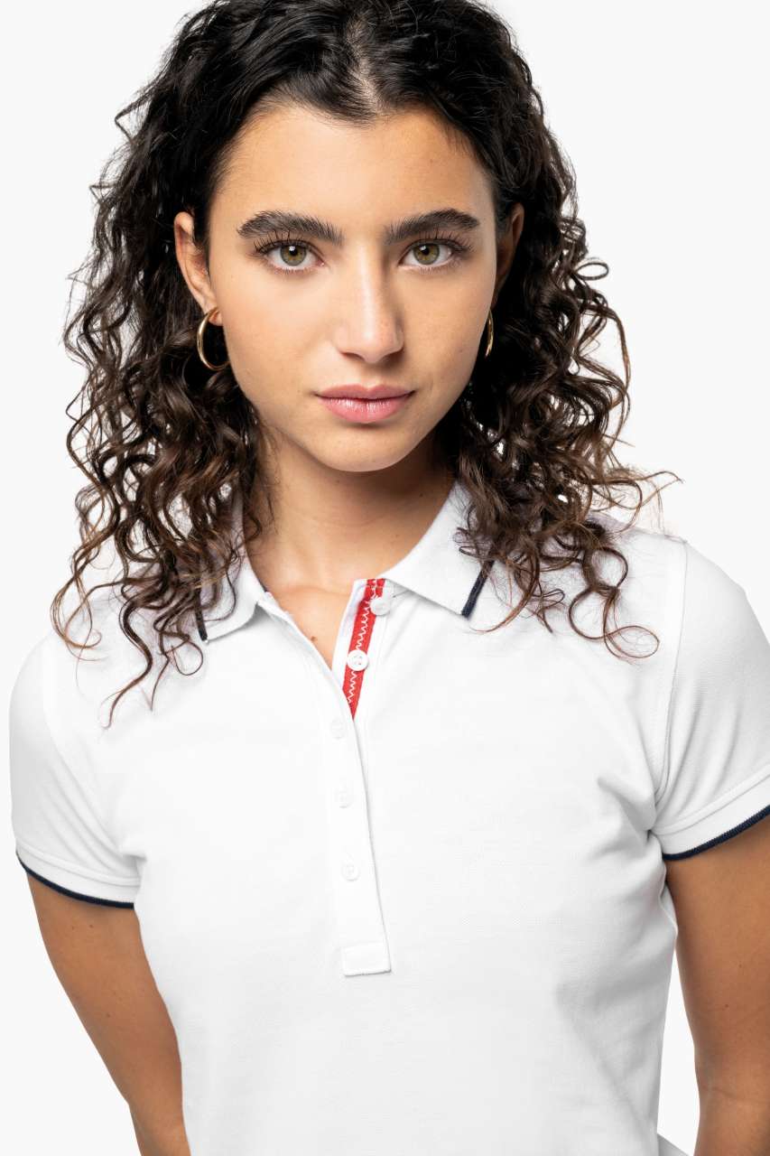 LADIES' SHORT-SLEEVED PIQUÉ KNIT POLO SHIRT - White/Navy - Additional
