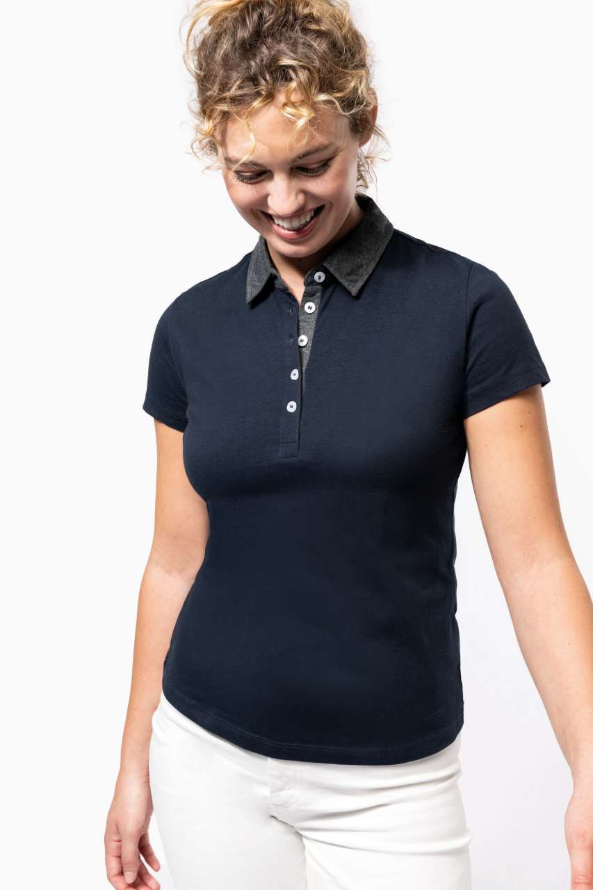 LADIES' TWO-TONE JERSEY POLO SHIRT - Black/Dark Grey Heather - Additional