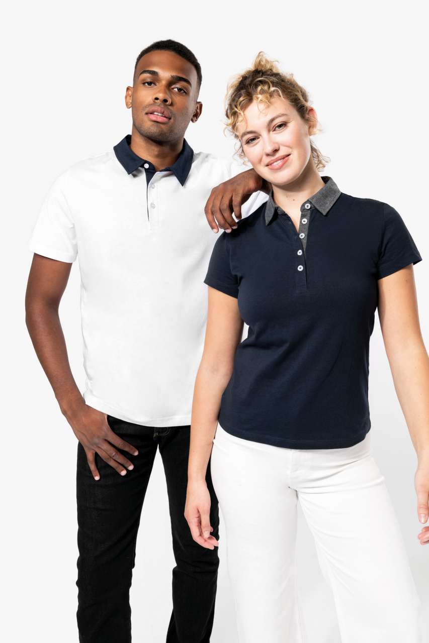 LADIES' TWO-TONE JERSEY POLO SHIRT - Black/Dark Grey Heather - Additional
