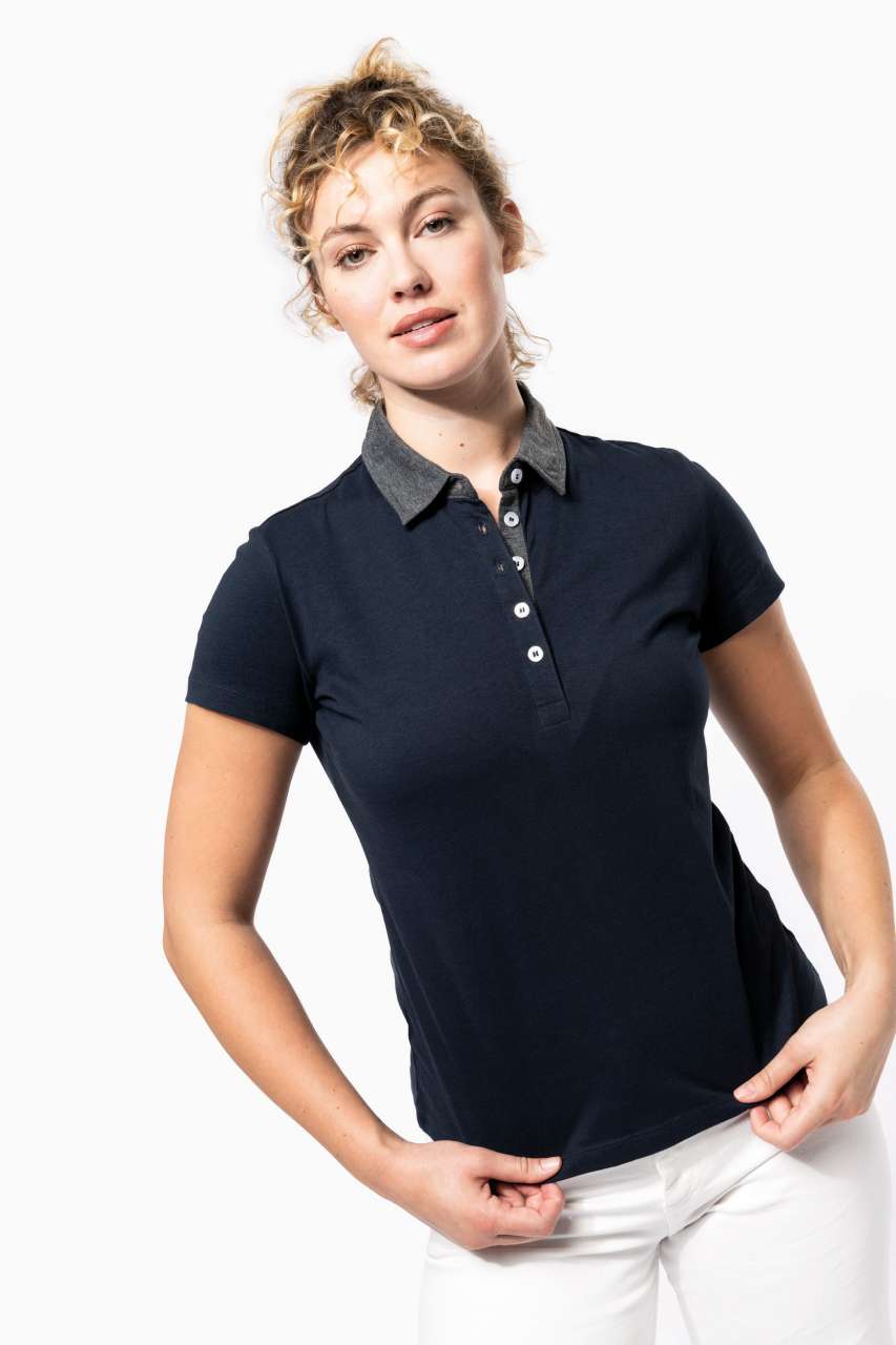 LADIES' TWO-TONE JERSEY POLO SHIRT - Black/Dark Grey Heather - Model