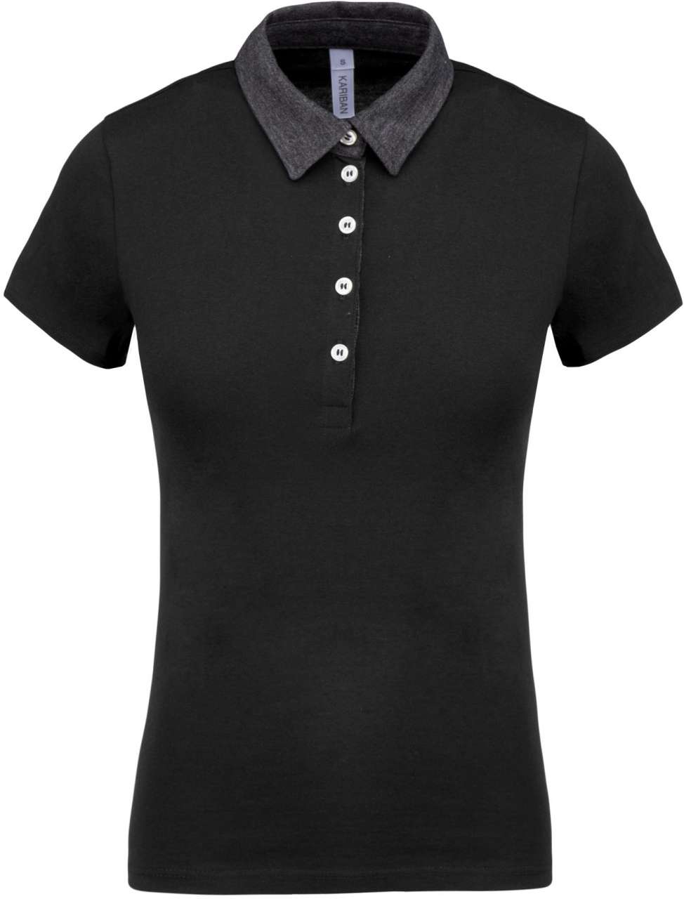 LADIES' TWO-TONE JERSEY POLO SHIRT - Black/Dark Grey Heather - Main