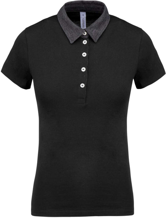 LADIES' TWO-TONE JERSEY POLO SHIRT - Black/Dark Grey Heather - Main