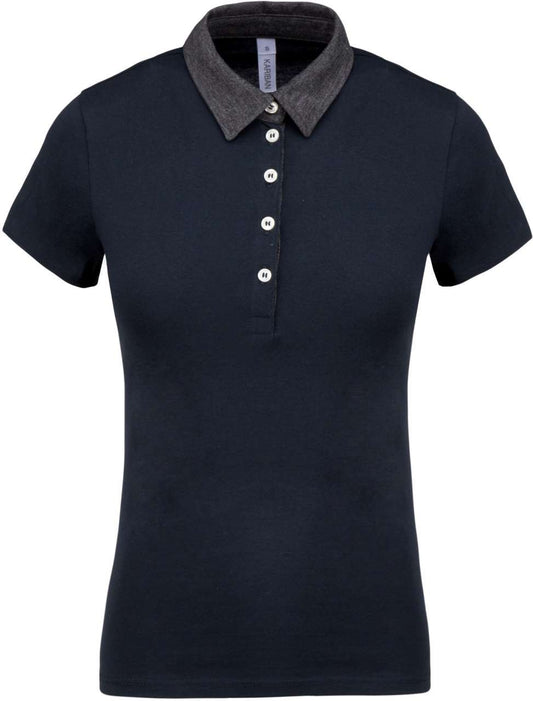 LADIES' TWO-TONE JERSEY POLO SHIRT - Navy/Dark Grey Heather - colorimageurl