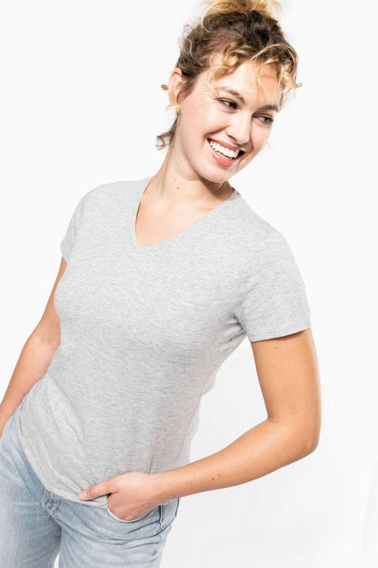 LADIES' SHORT-SLEEVED V-NECK T-SHIRT - Light Grey Heather - modelimageurl