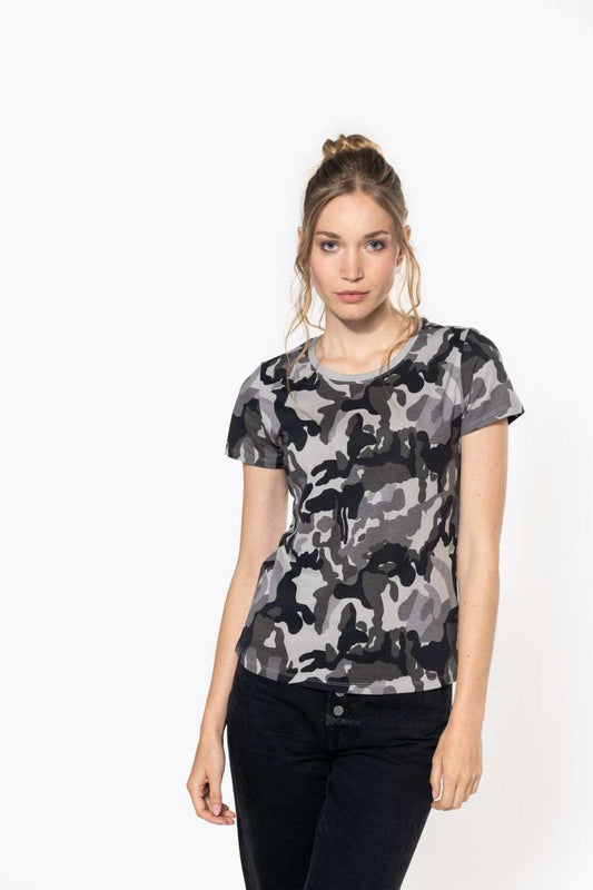 LADIES' SHORT-SLEEVED CAMO T-SHIRT - Olive Camouflage - modelimageurl