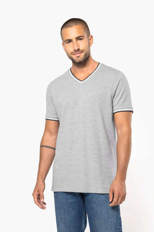 MEN'S PIQUÉ KNIT V-NECK T-SHIRT - Oxford Grey/Navy/White - modelimageurl