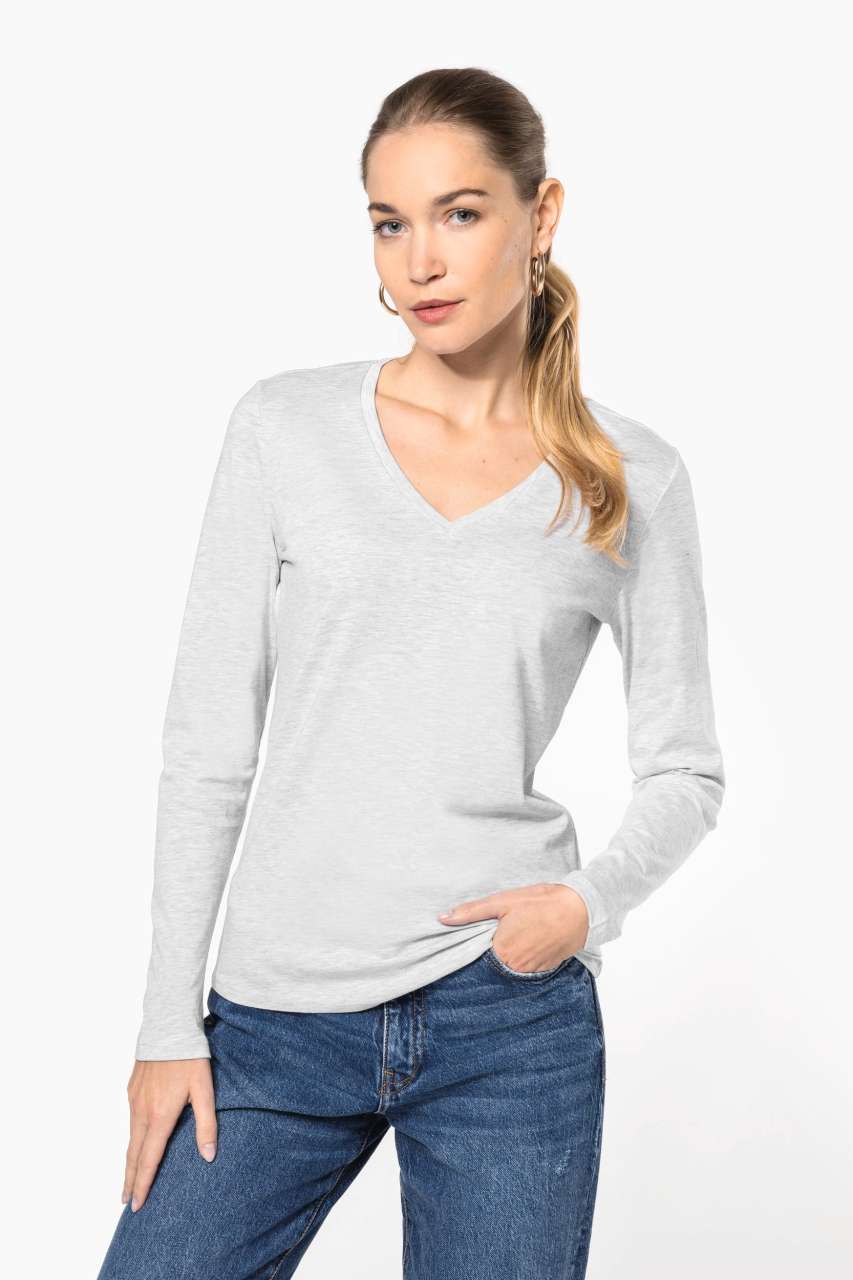 LADIES' LONG-SLEEVED V-NECK T-SHIRT - Black - Model