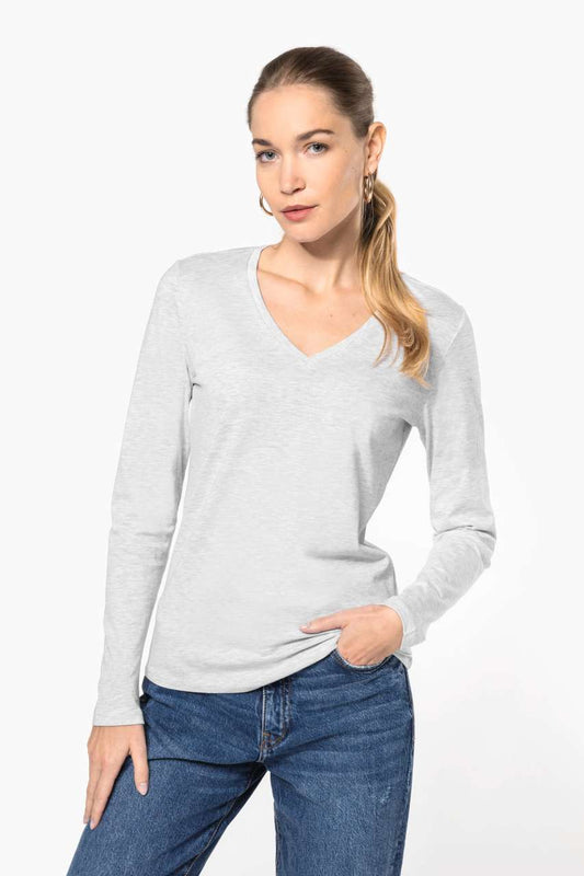 LADIES' LONG-SLEEVED V-NECK T-SHIRT - Black - Model