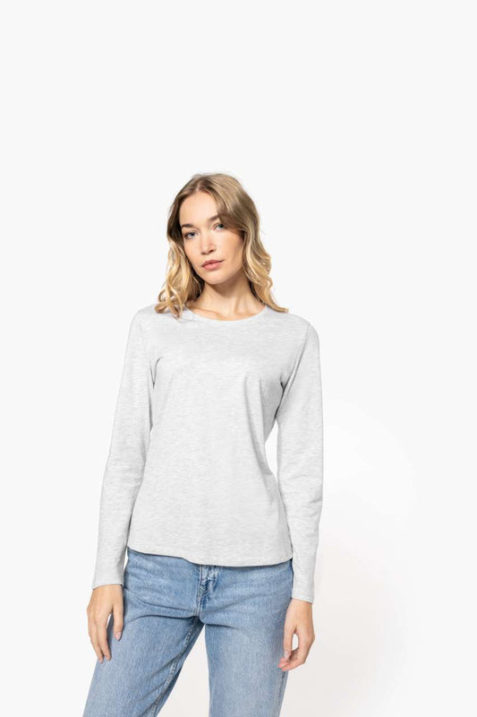 LADIES' LONG-SLEEVED CREW NECK T-SHIRT - Ash Heather - Model