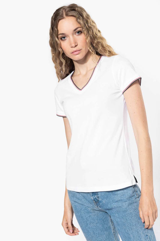 LADIES' PIQUÉ KNIT V-NECK T-SHIRT - White/Navy/Red - modelimageurl