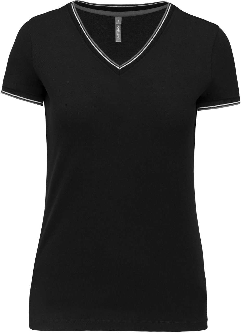 LADIES' PIQUÉ KNIT V-NECK T-SHIRT - Black/Light Grey/White - colorimageurl