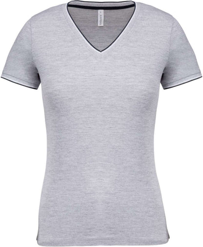 LADIES' PIQUÉ KNIT V-NECK T-SHIRT - Oxford Grey/Navy/White - colorimageurl