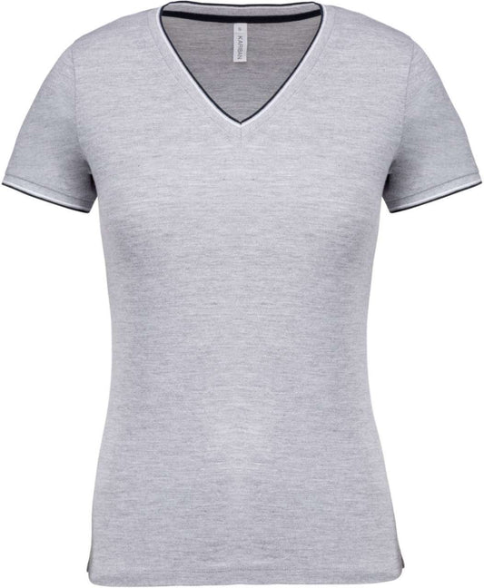 LADIES' PIQUÉ KNIT V-NECK T-SHIRT - Oxford Grey/Navy/White - colorimageurl