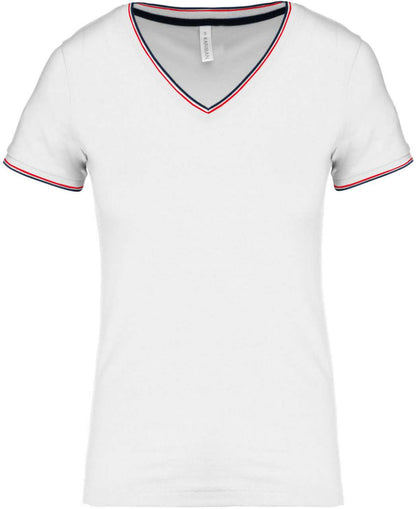 LADIES' PIQUÉ KNIT V-NECK T-SHIRT - White/Navy/Red - colorimageurl