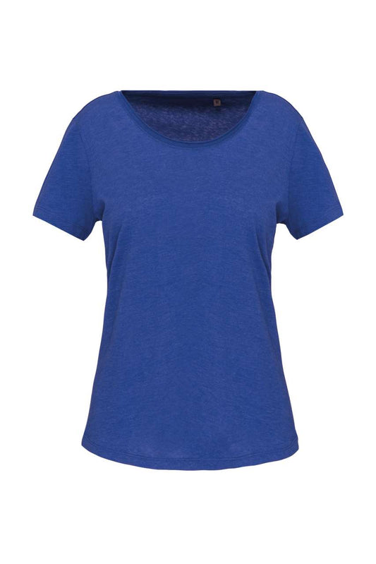 LADIES' SHORT-SLEEVED ORGANIC T-SHIRT WITH RAW EDGE NECKLINE - Ocean Blue Heather - colorimageurl