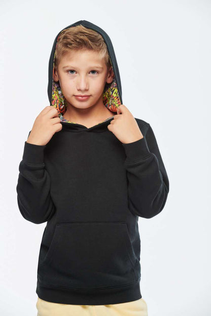 UNISEX KIDS CONTRAST PATTERNED HOODED SWEATSHIRT - Black/Skate Graffiti - modelimageurl