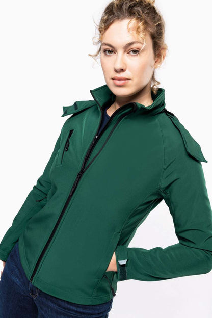 LADIES' DETACHABLE HOODED SOFTSHELL JACKET - Bottle Green - Model