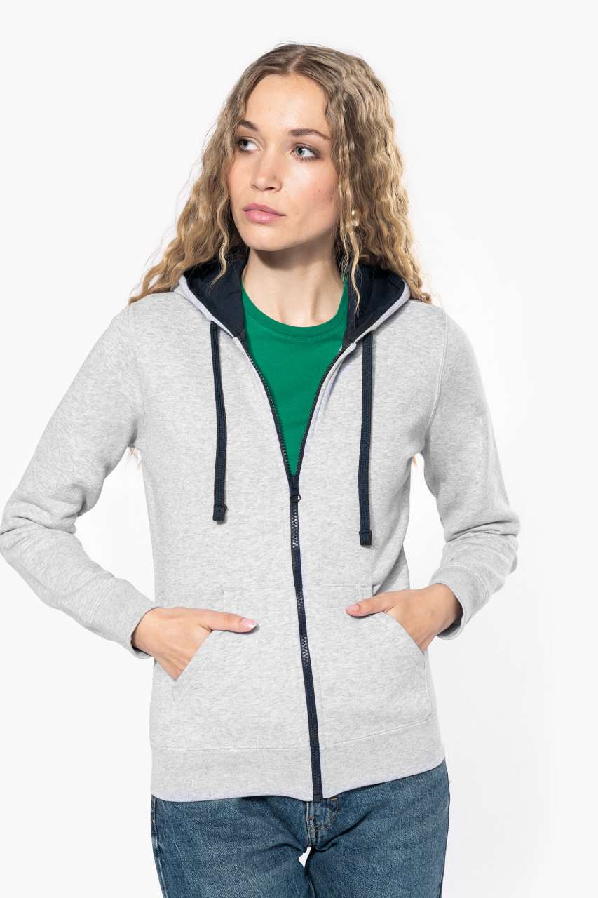 LADIES’ CONTRAST HOODED FULL ZIP SWEATSHIRT - Red/White - Model