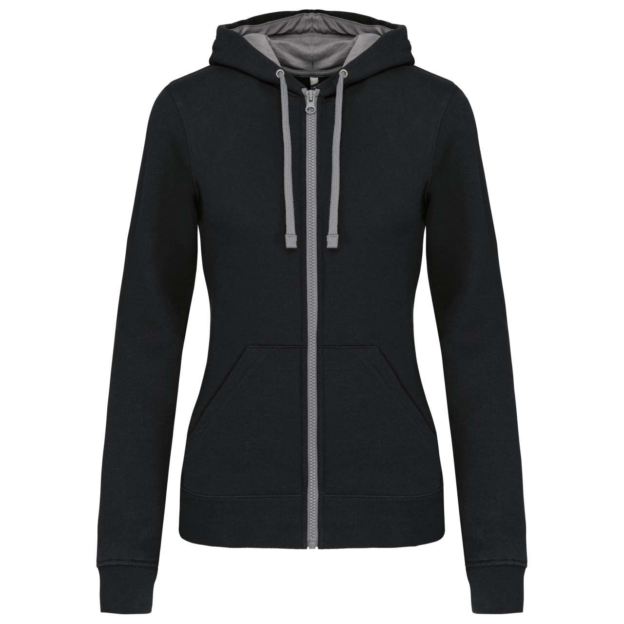 LADIES’ CONTRAST HOODED FULL ZIP SWEATSHIRT - Black/Fine Grey - Main