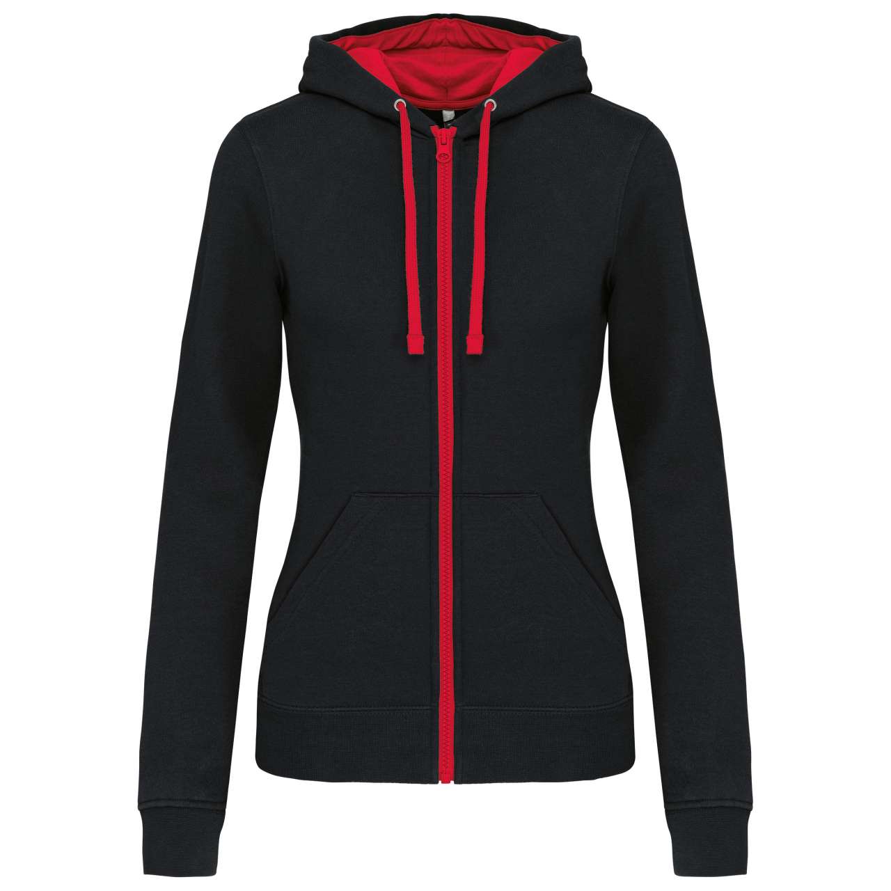 LADIES’ CONTRAST HOODED FULL ZIP SWEATSHIRT - Black/Red - Main