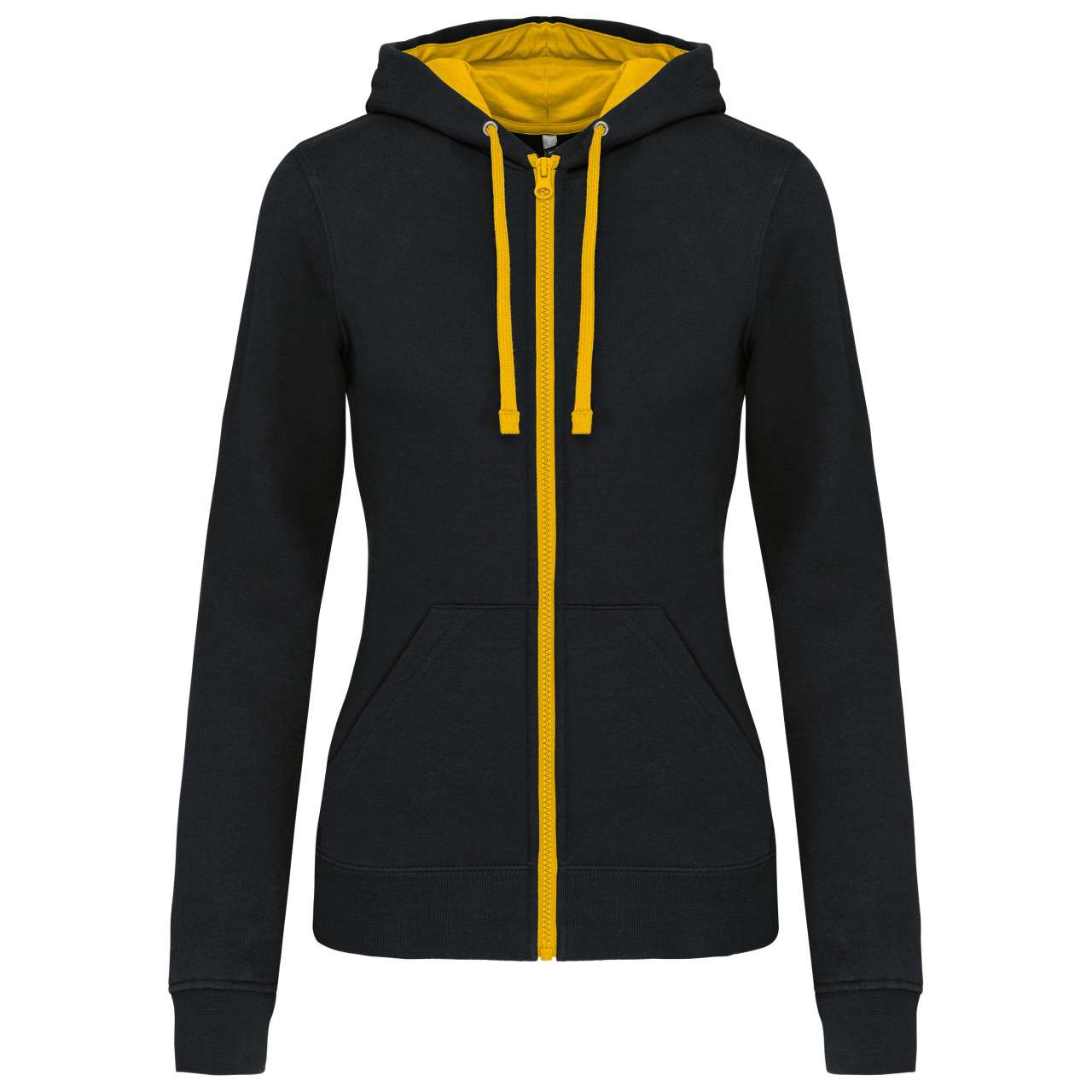 LADIES’ CONTRAST HOODED FULL ZIP SWEATSHIRT - Black/Yellow - Main