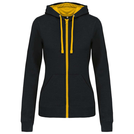 LADIES’ CONTRAST HOODED FULL ZIP SWEATSHIRT - Black/Yellow - Main