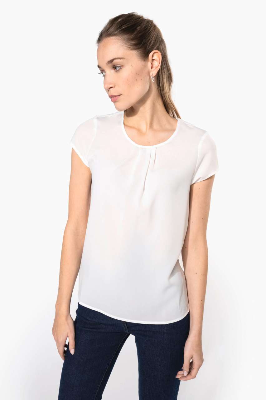 LADIES' SHORT-SLEEVED CREPE BLOUSE - Deep Sea Blue - modelimageurl