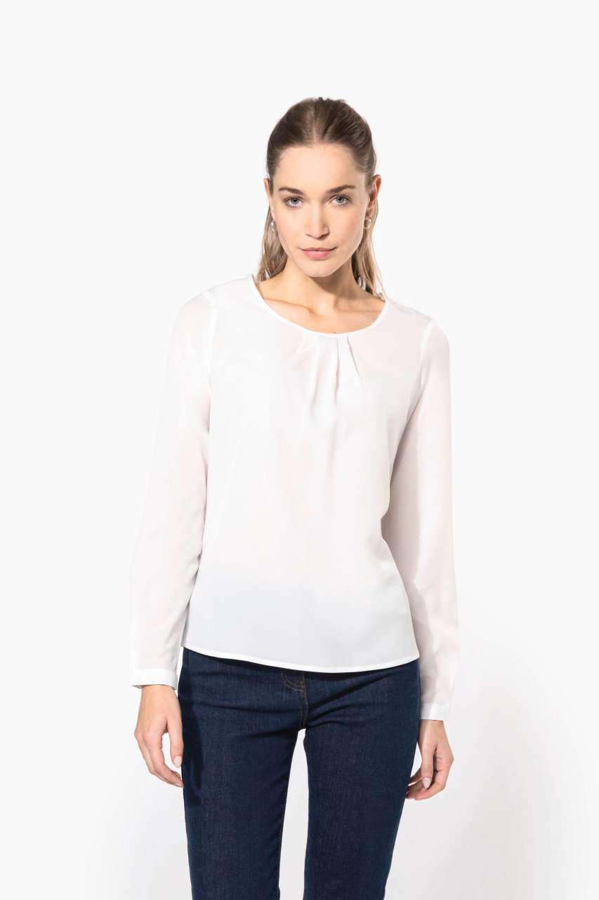 LADIES' LONG-SLEEVED CREPE BLOUSE - Deep Sea Blue - modelimageurl