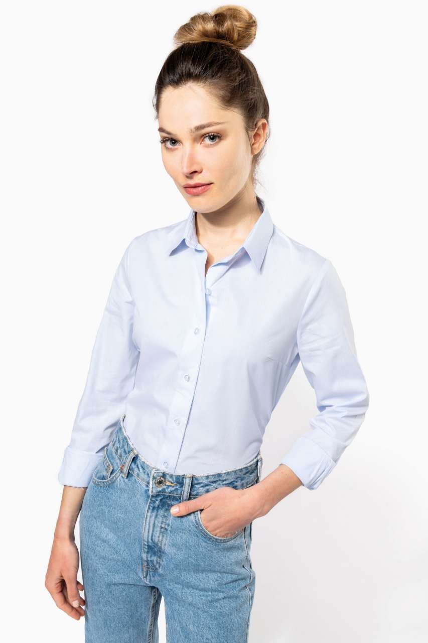 LADIES’ LONG-SLEEVED COTTON POPLIN SHIRT - Striped Pale Blue - Additional