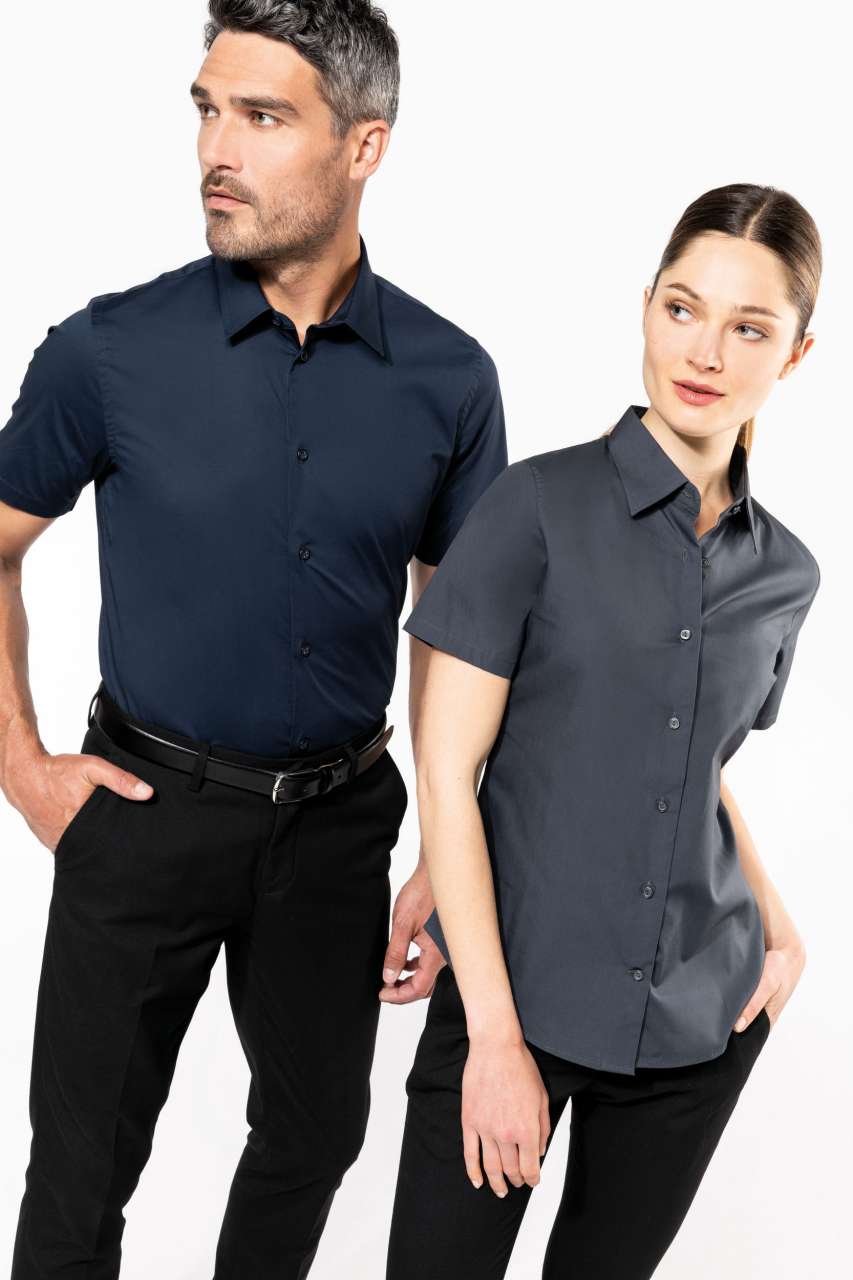 LADIES' SHORT-SLEEVED COTTON/ELASTANE SHIRT - Black - Additional