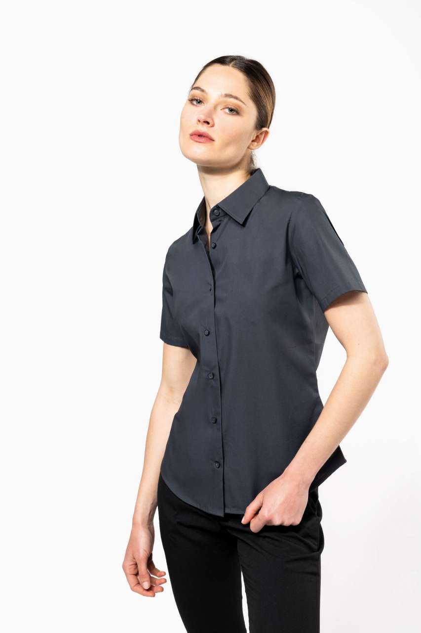 LADIES' SHORT-SLEEVED COTTON/ELASTANE SHIRT - Black - Additional