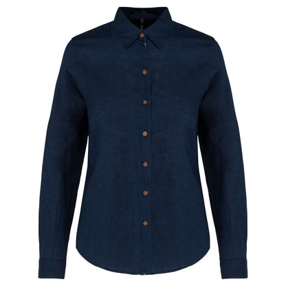 LADIES' LONG SLEEVE LINEN AND COTTON SHIRT - Navy - colorimageurl