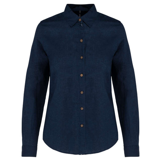 LADIES' LONG SLEEVE LINEN AND COTTON SHIRT - Navy - colorimageurl