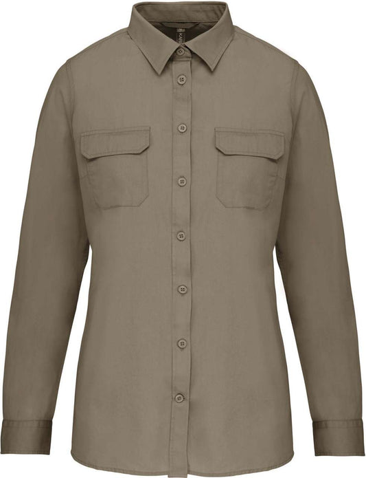 LADIES' LONG-SLEEVED SAFARI SHIRT - Light Khaki - colorimageurl