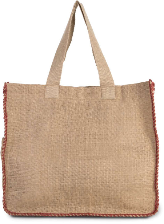 JUTE BAG WITH CONTRAST STITCHING - Natural/Arandano Red - Main