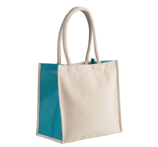 COTTON / JUTE TOTE BAG - 17 L - Natural/Turquoise - Main