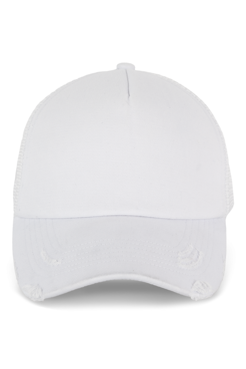 DESTROYED COTTON 5 PANEL TRUCKER WITH SOFT FRONT PANEL - Washed White - Model