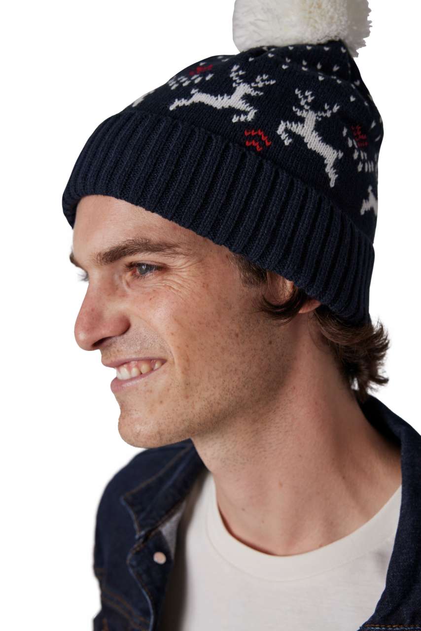 WINTER BEANIE WITH REINDEER DESIGN - Cherry Red/Natural - modelimageurl