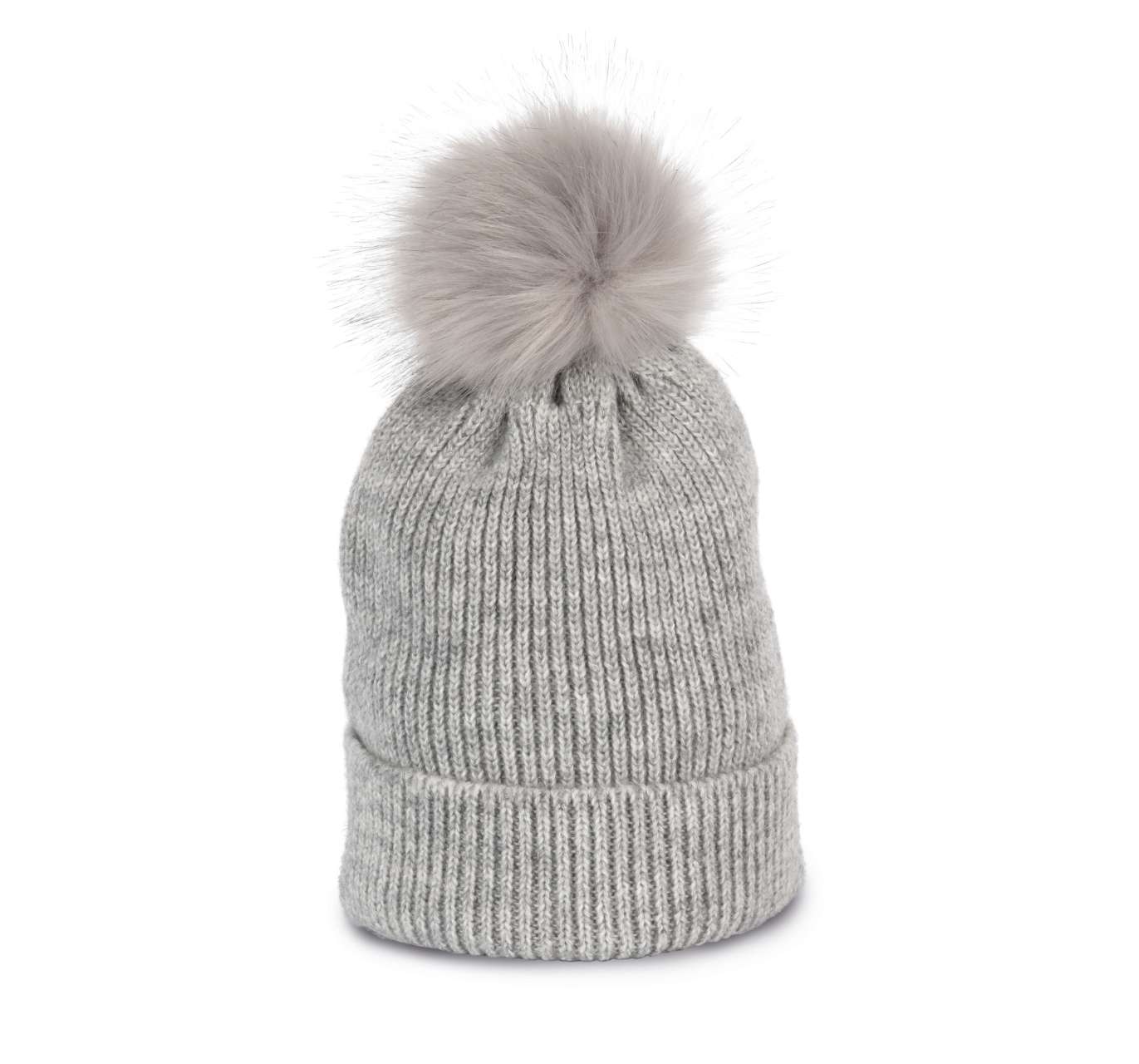 KNITTED BOBBLE BEANIE IN RECYCLED YARN - Light Grey Heather - modelimageurl