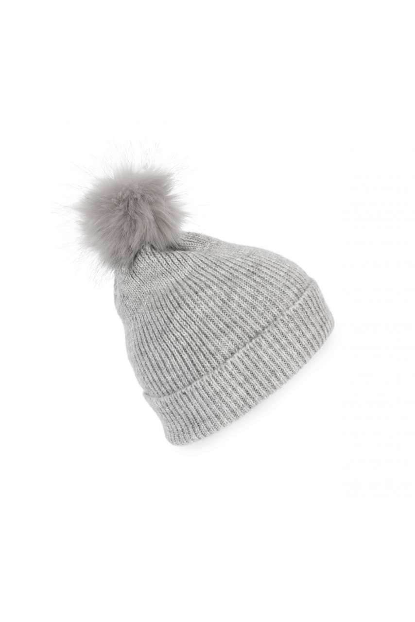 KNITTED BOBBLE BEANIE IN RECYCLED YARN - Light Grey Heather - colorimageurl