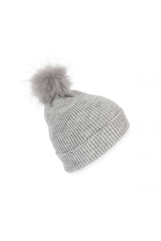 KNITTED BOBBLE BEANIE IN RECYCLED YARN - Light Grey Heather - colorimageurl