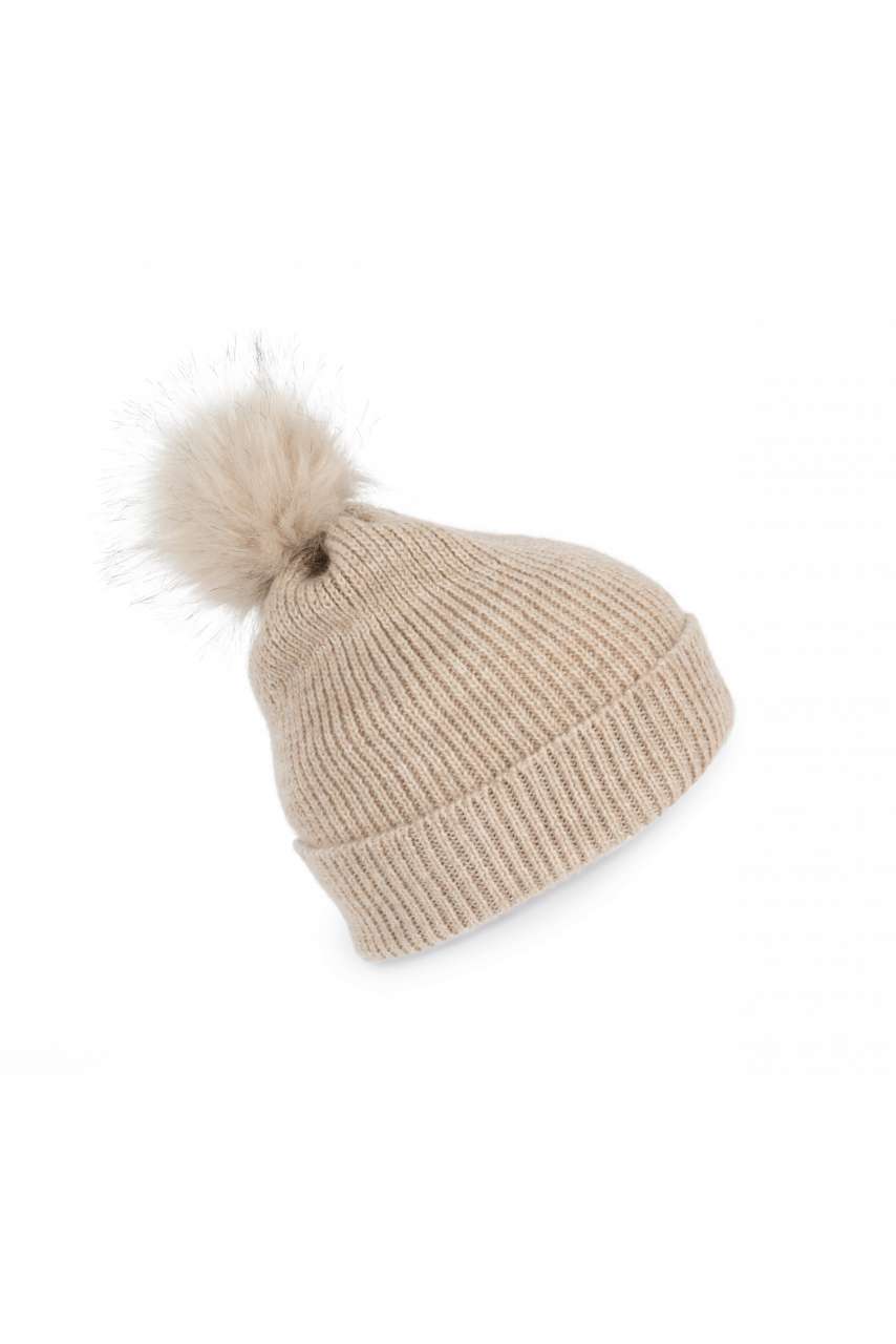 KNITTED BOBBLE BEANIE IN RECYCLED YARN - Light Sand Heather - colorimageurl